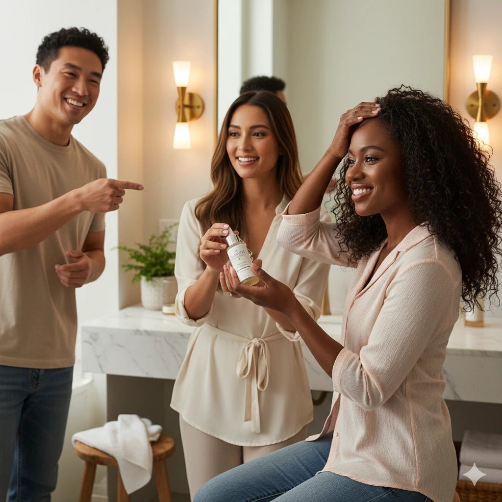 Three people in a bathroom setting, with one person holding a bottle and another pointing.
