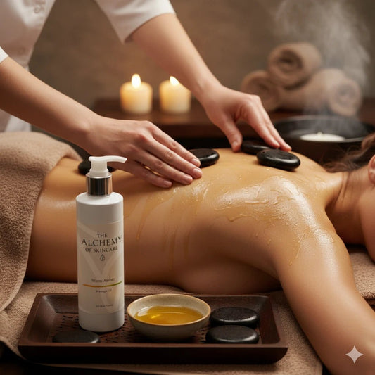 woman having a hot stones massage with alchemy massage oil