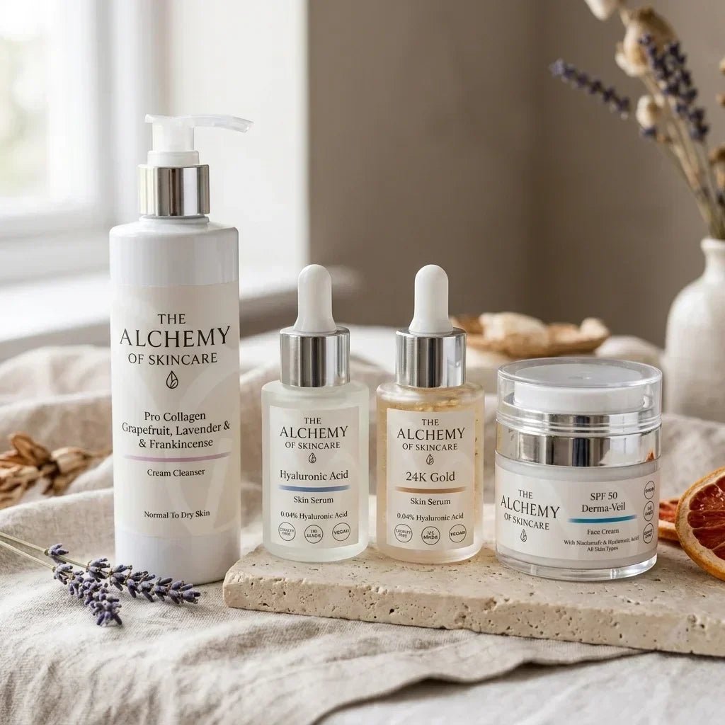 alchemy autumn skincare range on fabric and stone