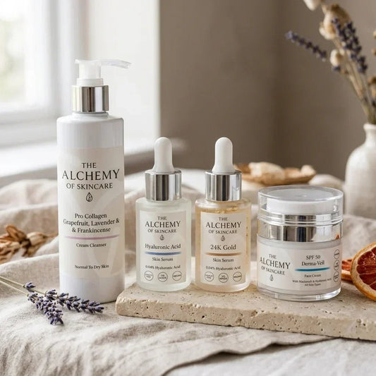 alchemy autumn skincare range on fabric and stone