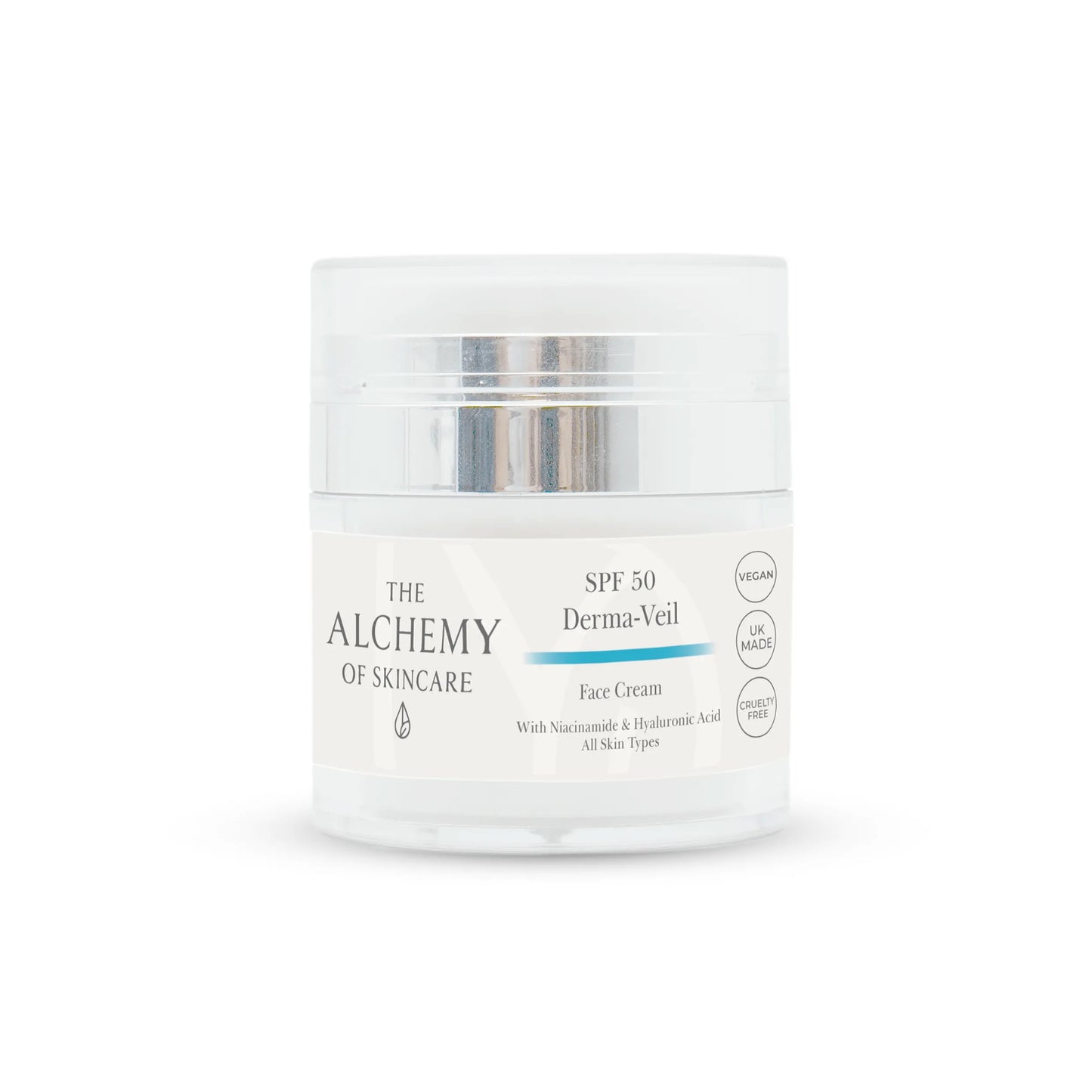 A clear plastic jar of The Alchemy of Skincare Derma-Veil Face Cream SPF 50, featuring a white label with black text and a light blue accent line, topped with a reflective silver cap.