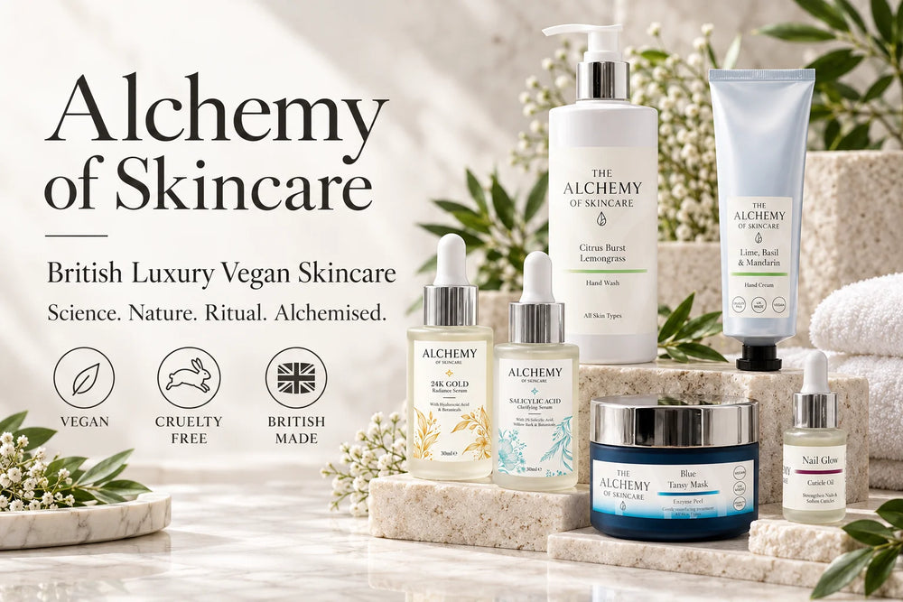 A styled skincare product lineup from Alchemy of Skincare arranged on stone blocks with botanical props. Visible products include a large white pump bottle, a tall light blue tube, several dropper bottles, a blue-labeled jar, and a small nail care bottle.