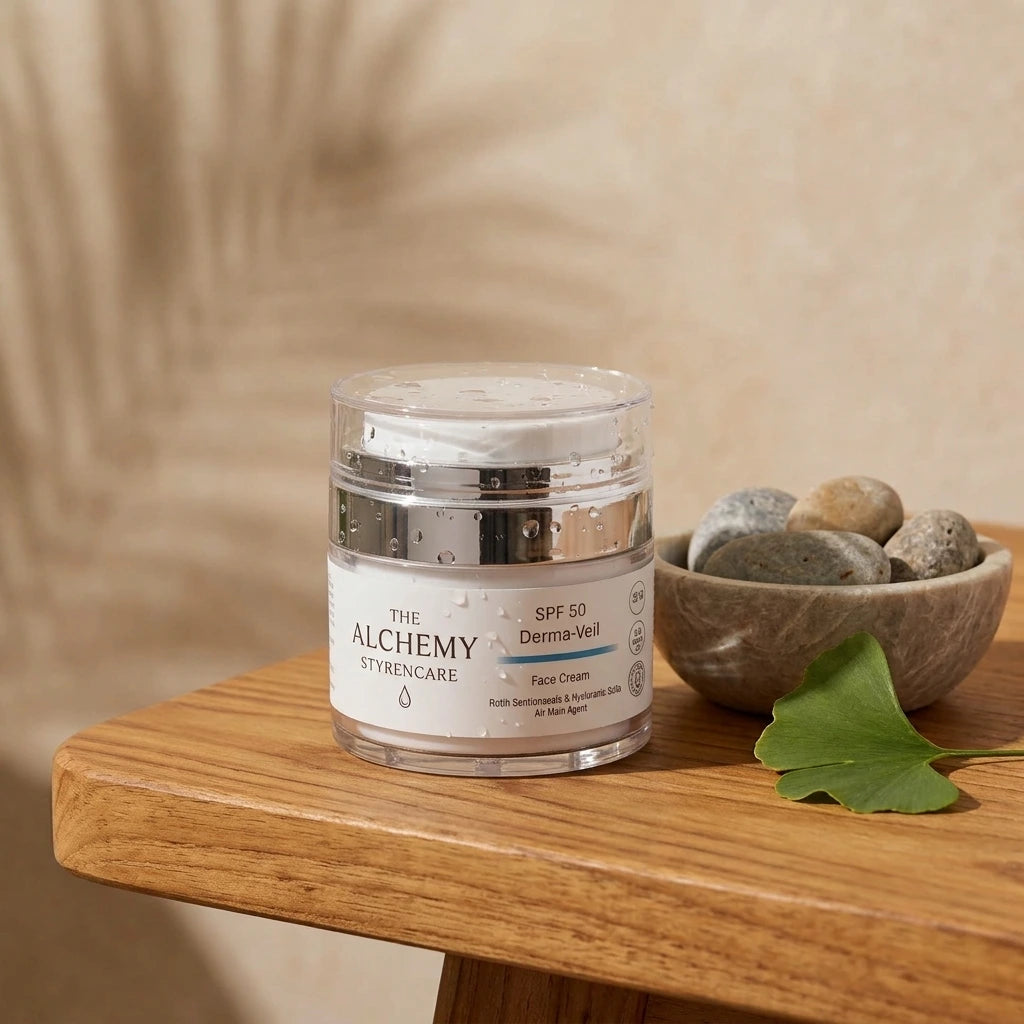 A clear jar of The Alchemy Styrencare SPF 30 Derma-Veil Face Cream sits on a wooden table next to a small bowl of stones and a green leaf, with soft shadow patterns on a beige background.