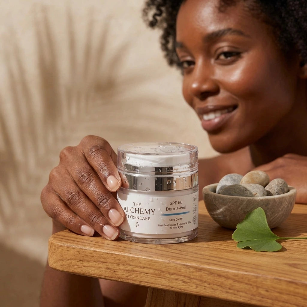 A woman holds a jar of The Alchemy Skincare SPF 30 Face Cream on a wooden table, with a small bowl of stones and a green leaf nearby.