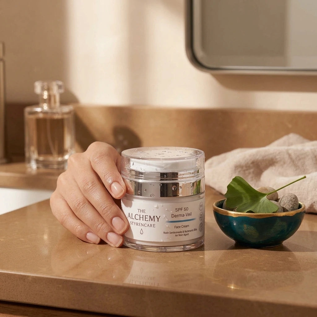 A hand holds a clear jar of The Alchemy Dermacare Face Cream SPF 30 on a warm beige countertop in a bathroom setting, with a small green bowl nearby.