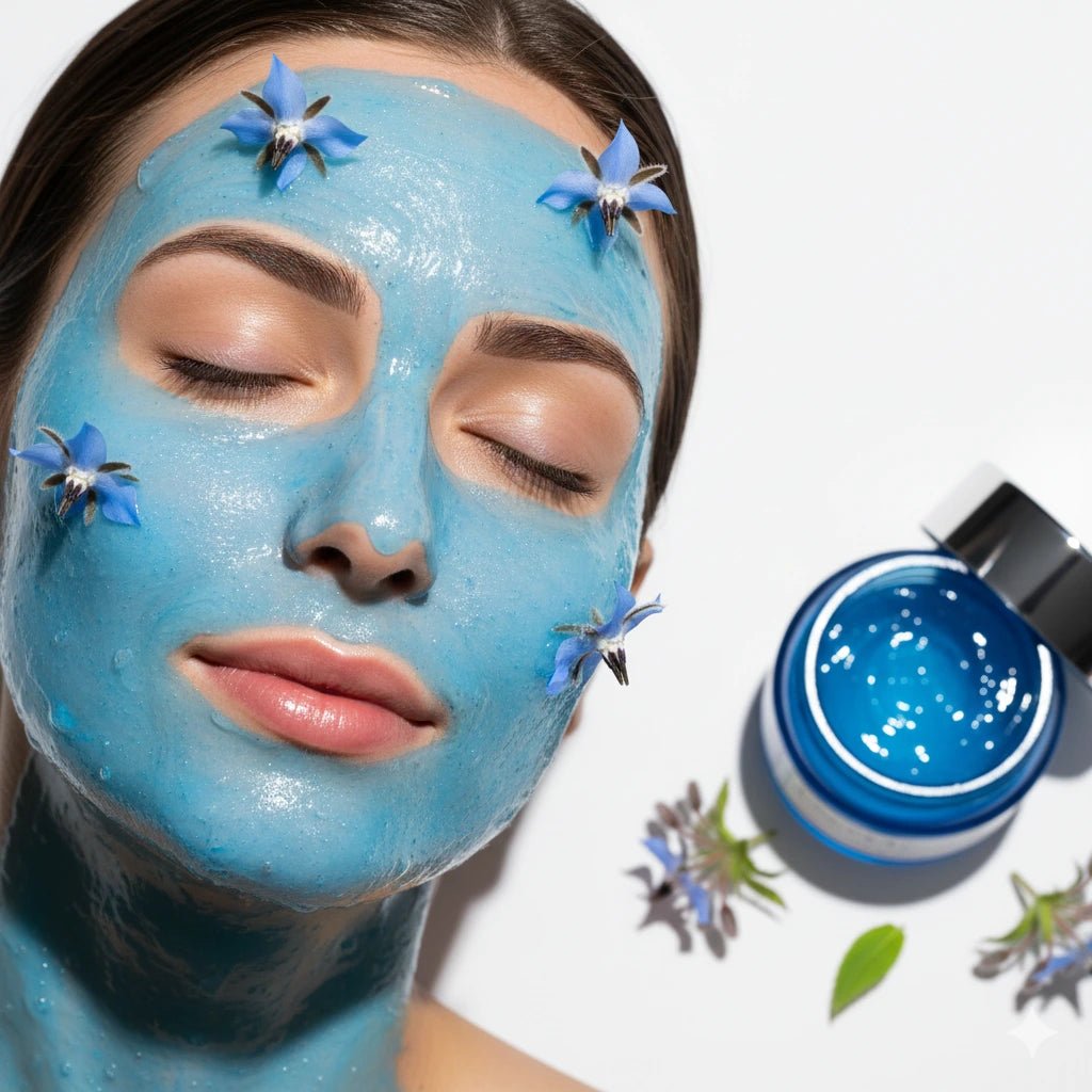 alchemy skincare blue tansy mask on woman's face