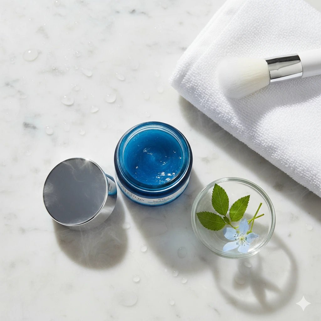 alchemy skincare blue tansy mask on table top, open jar 