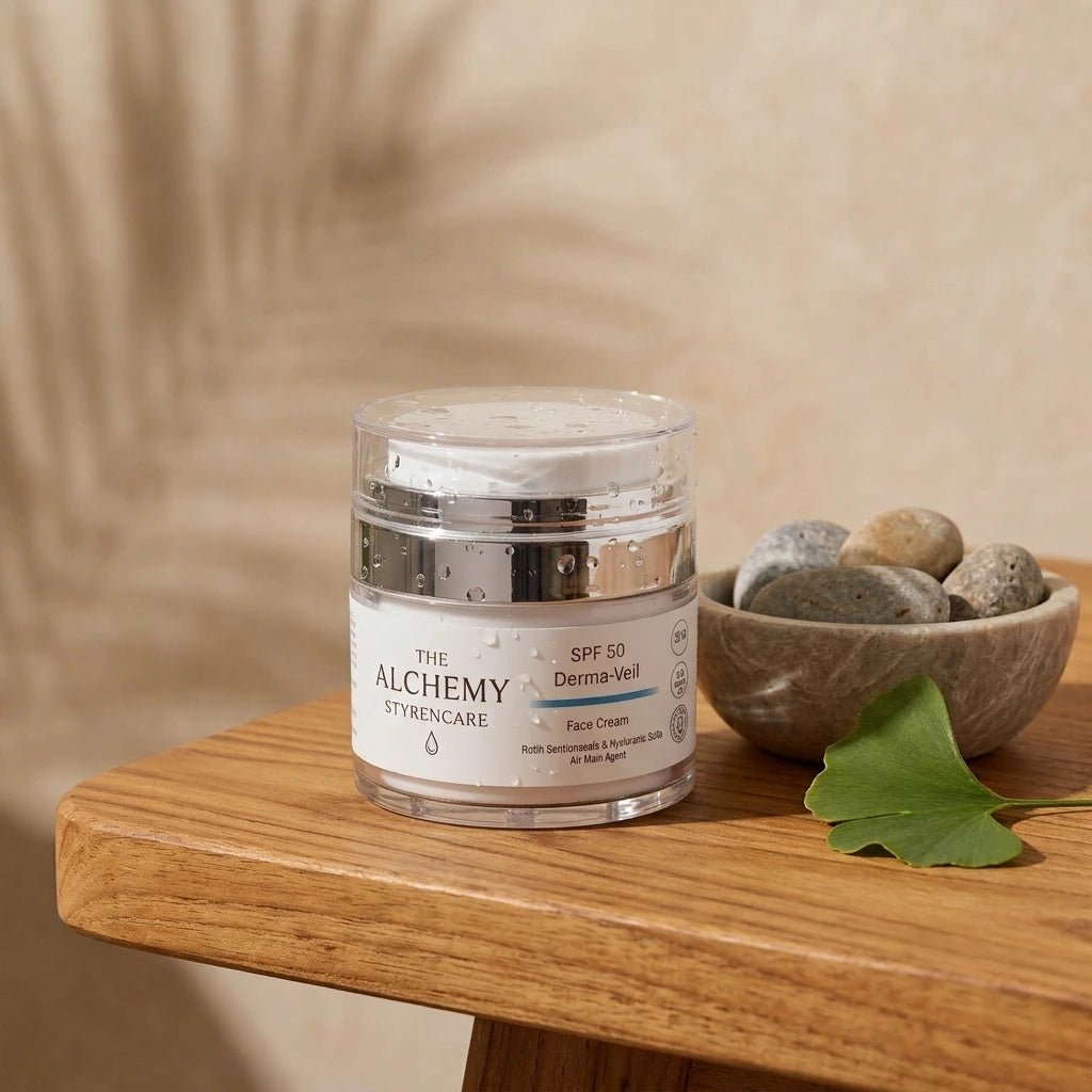 A clear jar of The Alchemy Styrencare SPF 30 Derma-Veil Face Cream sits on a wooden table next to a small bowl of stones and a green leaf, with soft shadow patterns on a beige background.