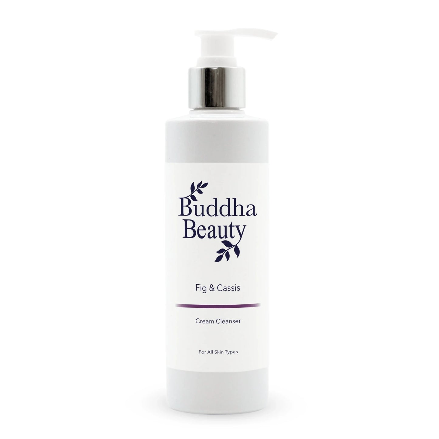 A white pump bottle of Buddha Beauty Fig & Cassis Cream Cleanser with a silver pump collar, set against a plain white background.