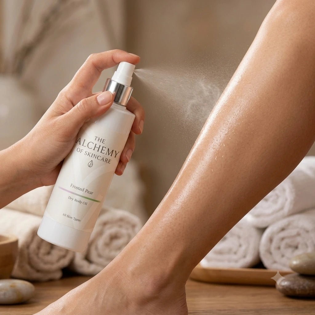 Person applying a white bottle of skincare product to their leg with a neutral background