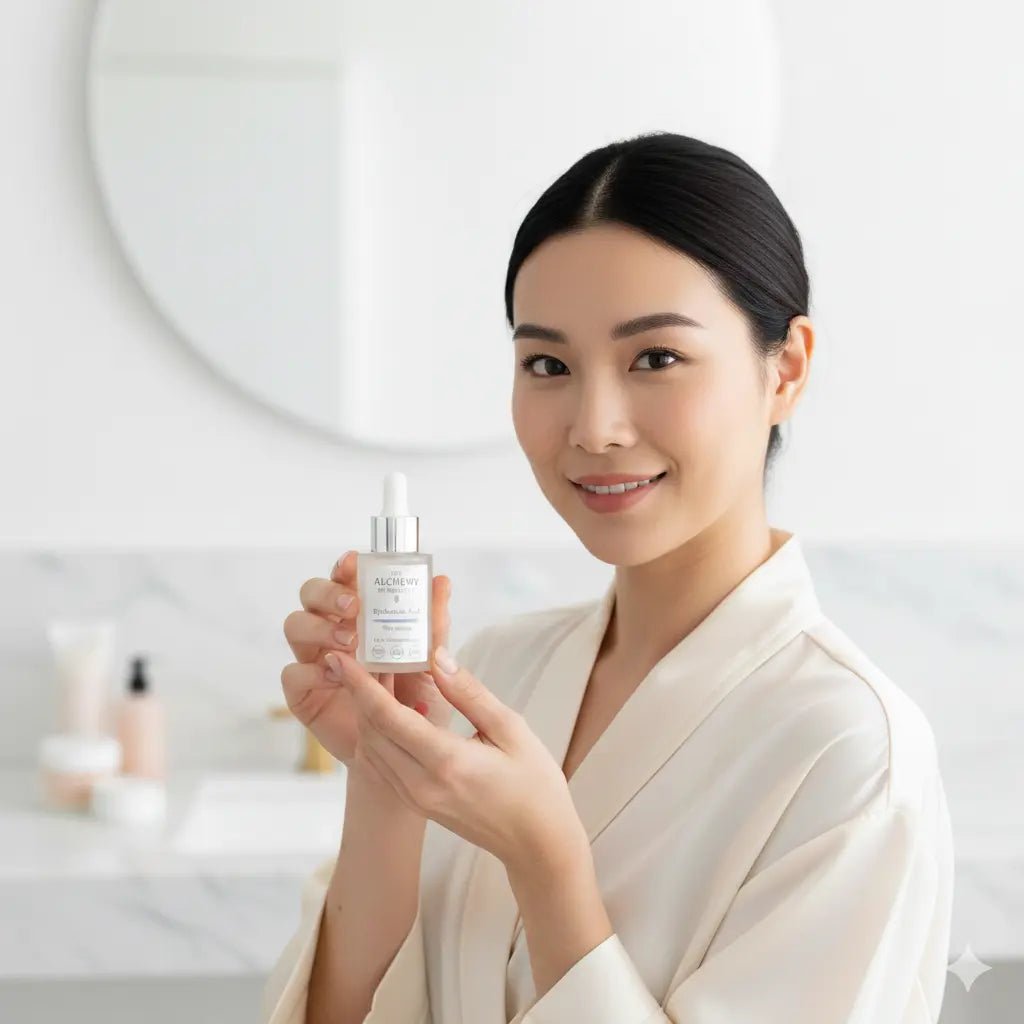 Woman holding a skincare bottle in a bathroom setting