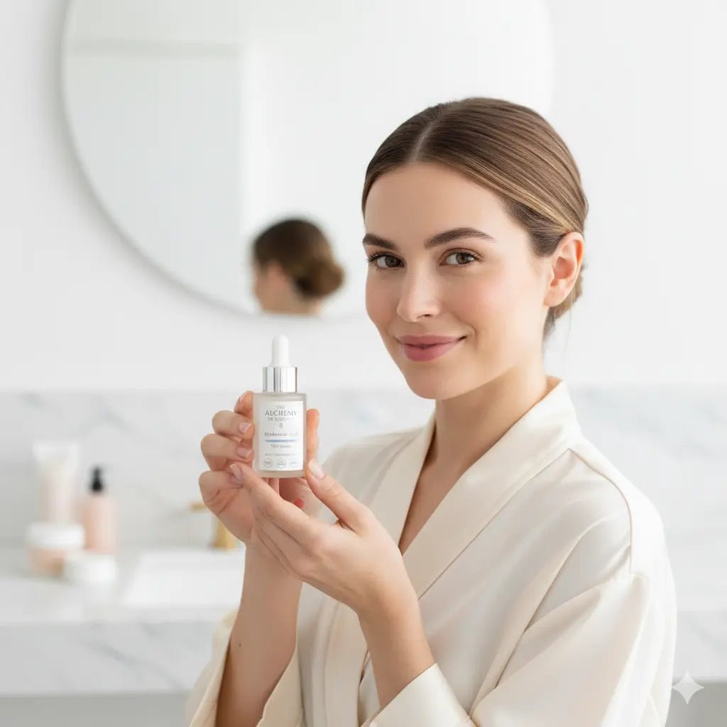 Woman holding a skincare bottle in a bathroom setting