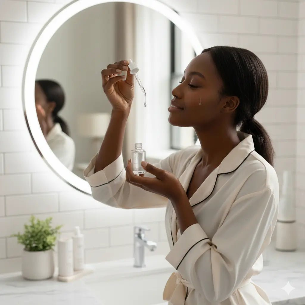 Woman applying perfume in front of a mirror in a bathroom.