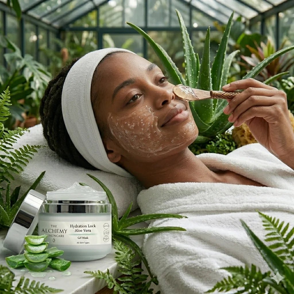 Woman applying aloe vera gel to her face with plants in the background