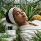 Woman receiving a facial treatment with plants around, featuring a skincare product.