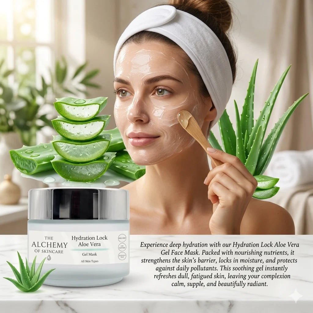 Woman applying aloe vera gel mask with aloe vera leaves and product packaging in the foreground.