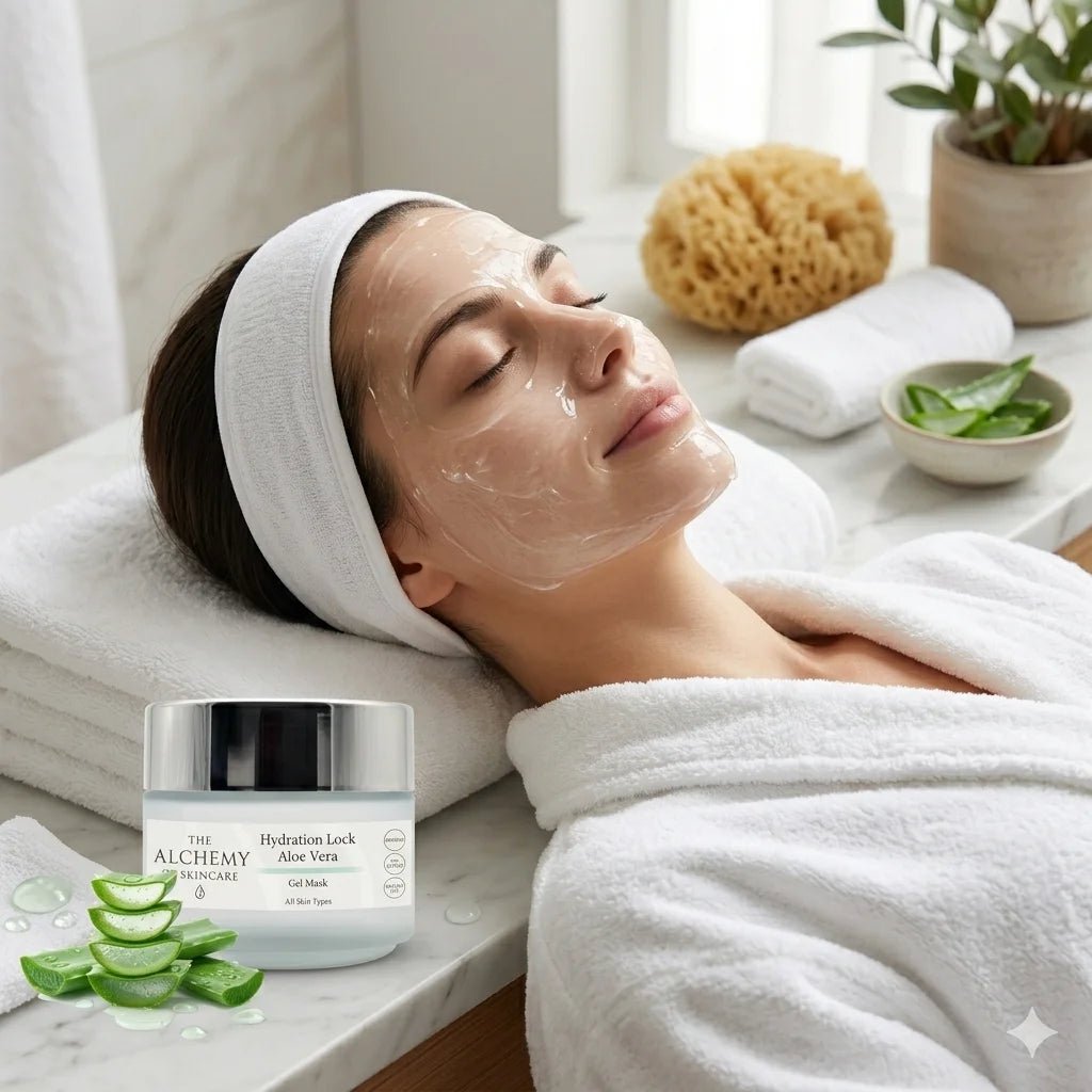 Woman receiving facial treatment with 'The Alchemy' product on a marble surface.