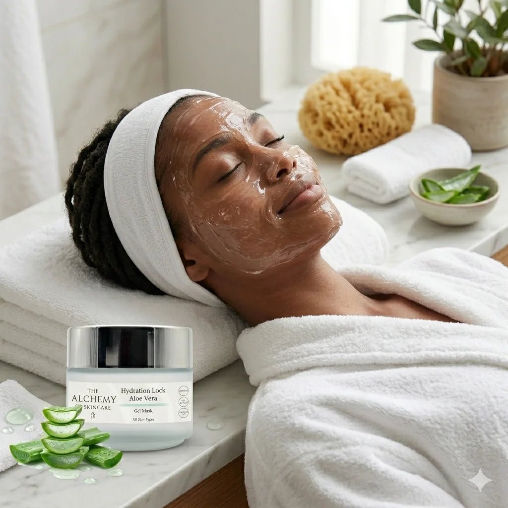 Woman receiving a facial treatment with 'The Alchemy' product displayed.