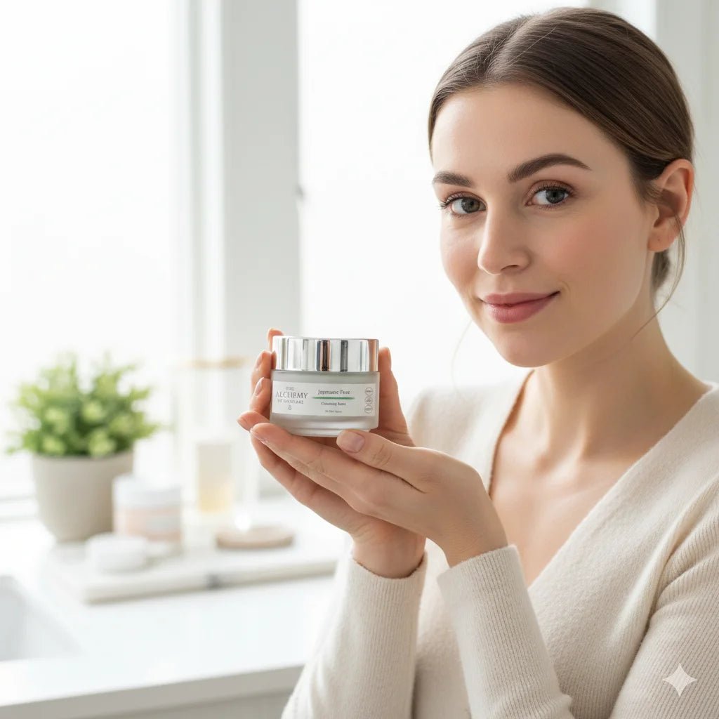 woman holding facial cleansing balm