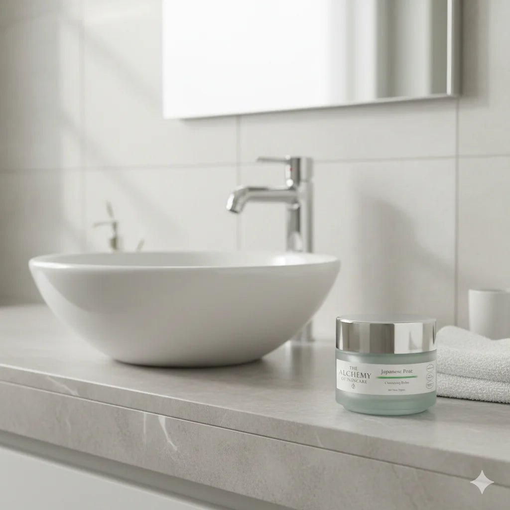 facial cleansing balm on bathroom side unit