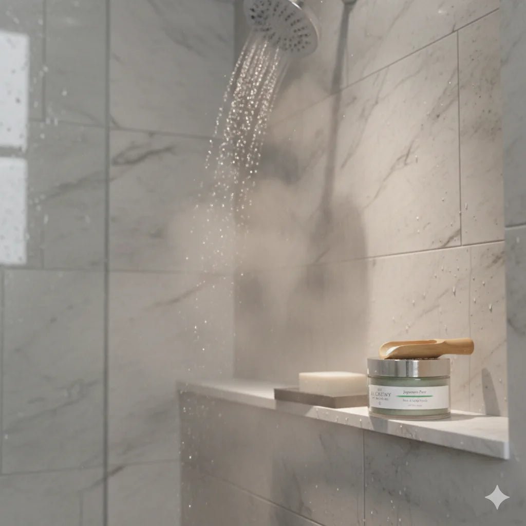 Japanese pear hair scrub  with a shower on in the background