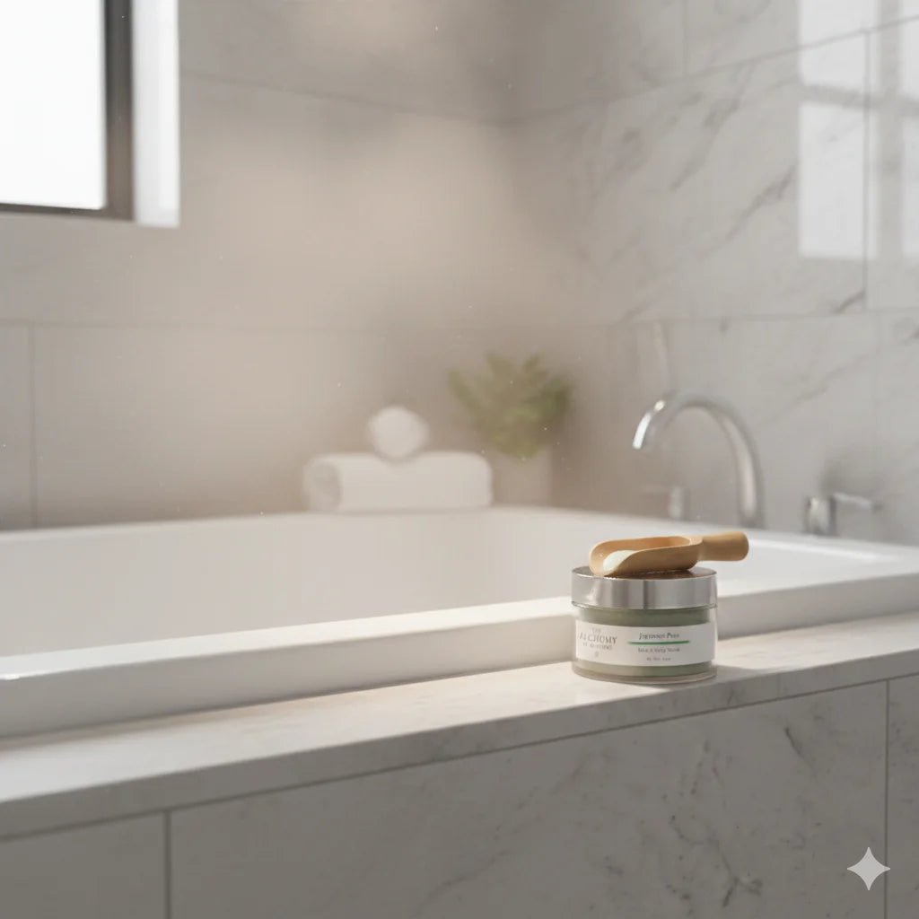 Jar of Japanese pear hair scrub  with a wooden applicator on a bathroom counter