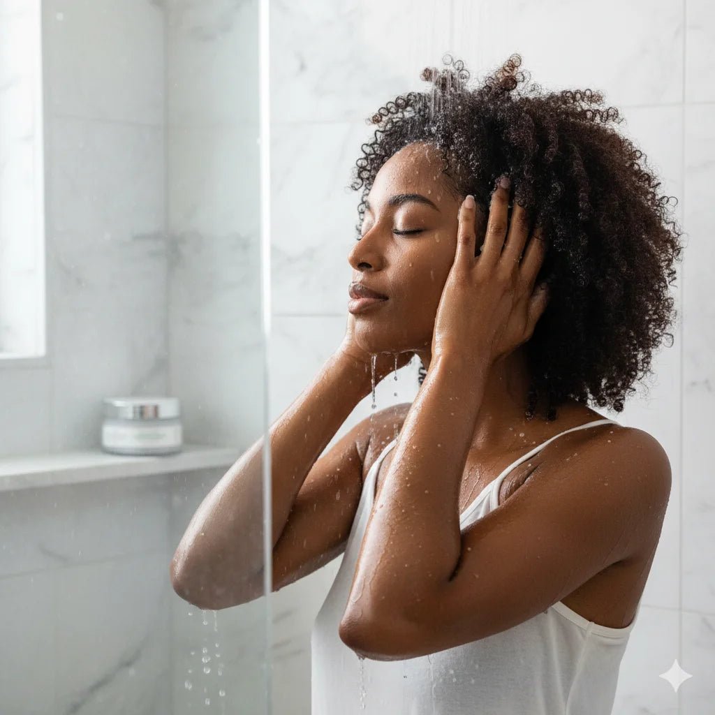 woman in a shower using Japanese pear hair scrub 