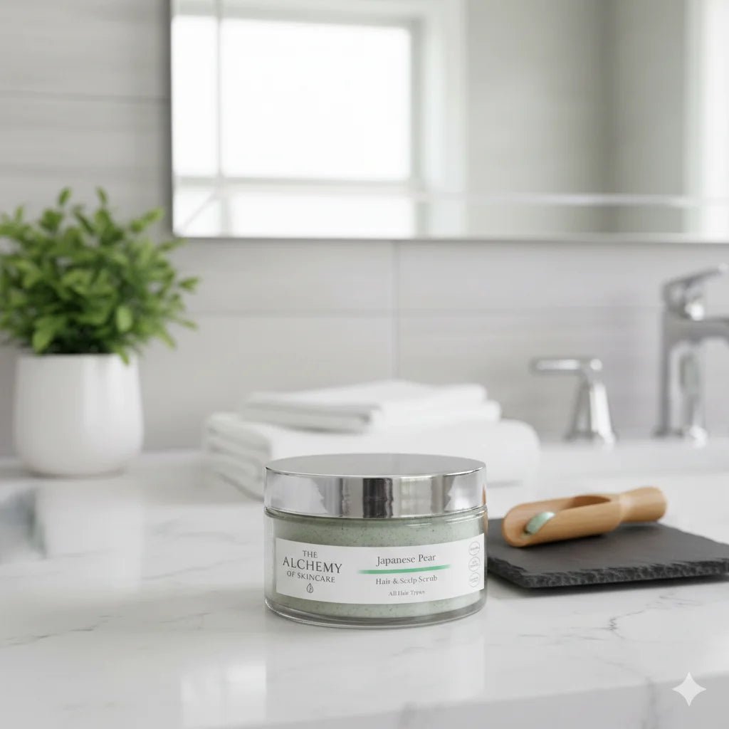 Japanese pear hair scrub in a bathroom