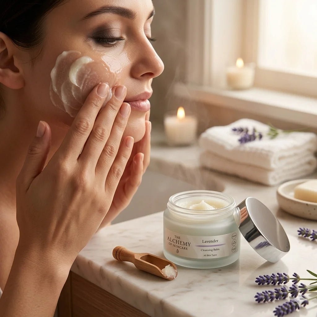 Woman applying cream to her face with a jar of cream on a marble surface.