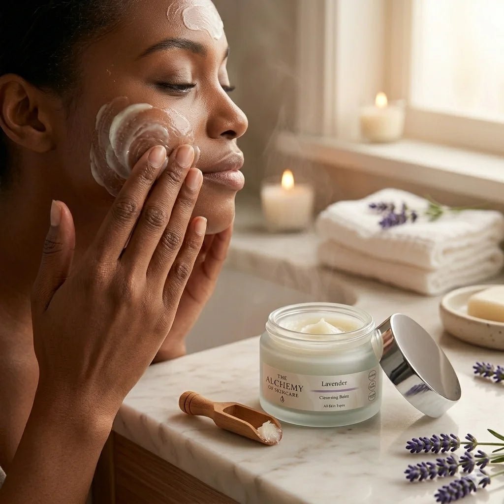 Woman applying cream to her face with a jar of cream and lavender flowers on a marble surface.