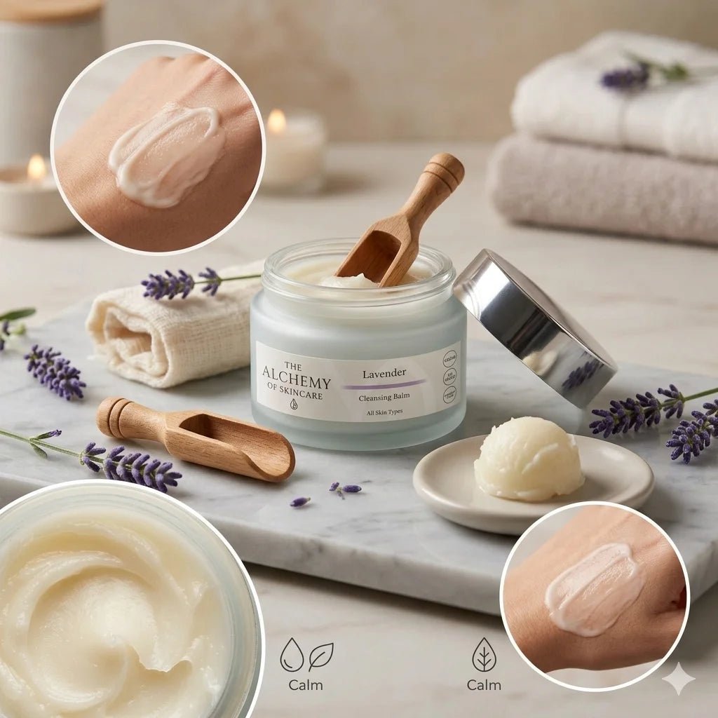 Cosmetic jar with lavender scent on a marble surface with lavender flowers and cream.