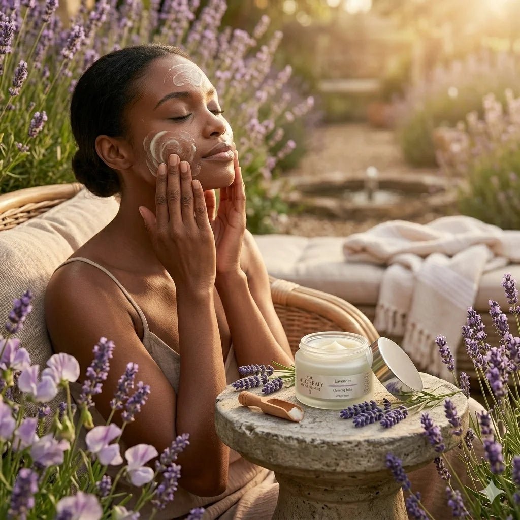 Woman applying cream to her face in a lavender field with a jar of cream on a stone table.