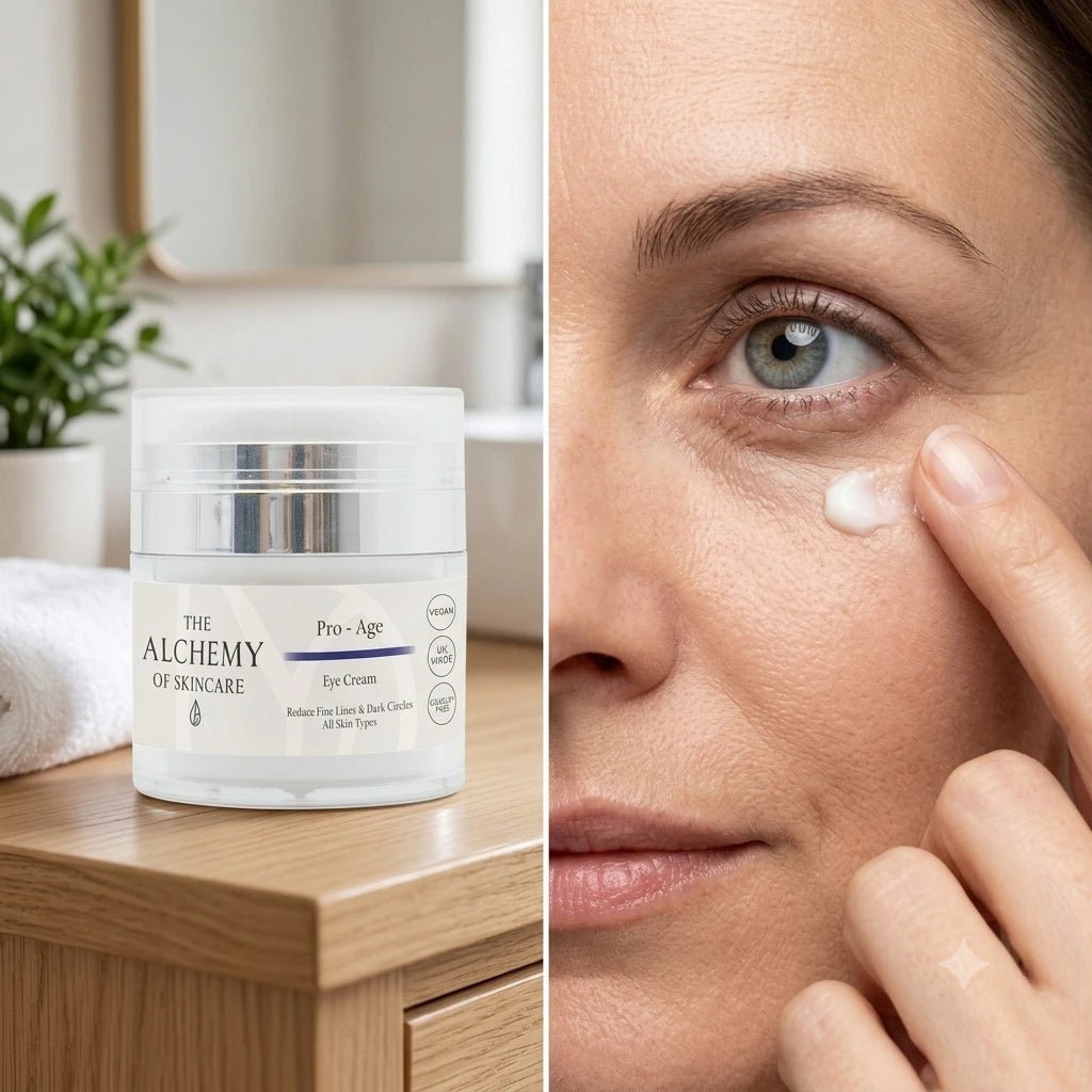 Split-screen image showing a jar of The Alchemy of Skincare Pro-Age Eye Cream on a wooden table next to a close-up of a woman applying the cream to her eye.