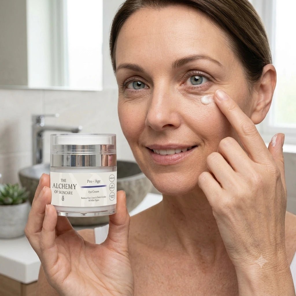 A woman in a bathroom holds a jar of skincare cream while applying a dollop of the cream to her cheek. The jar is labeled 'THE ALCHEMY OF AGE' and 'Eye Cream'.