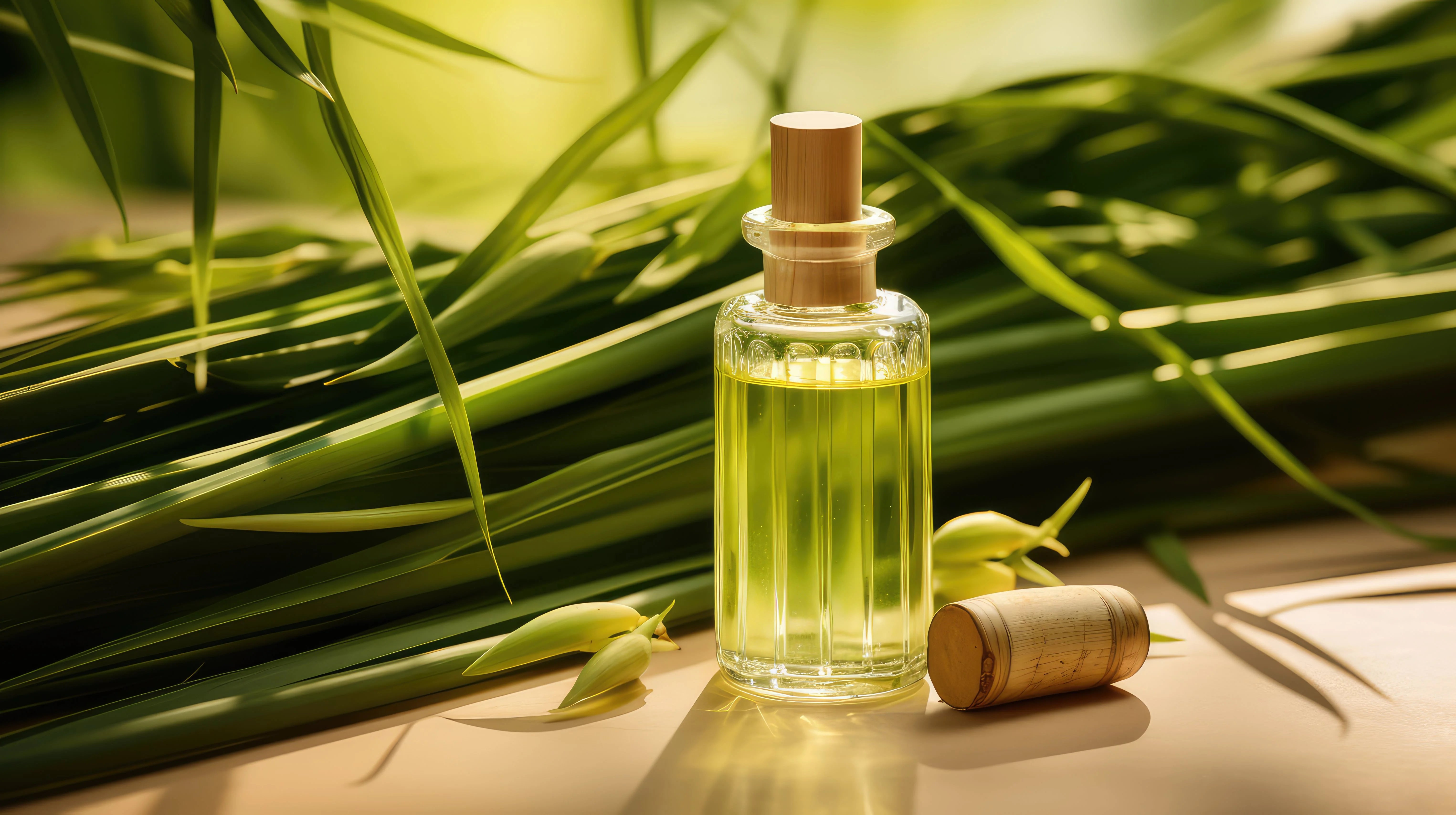 Glass bottle of lemongrass oil with wooden cap on a leafy background