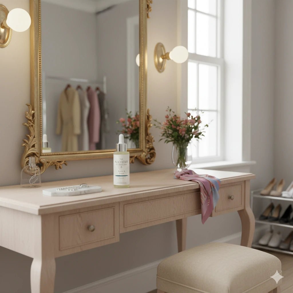 Vanity table with mirror, skincare bottle, and flowers in a well-lit room.