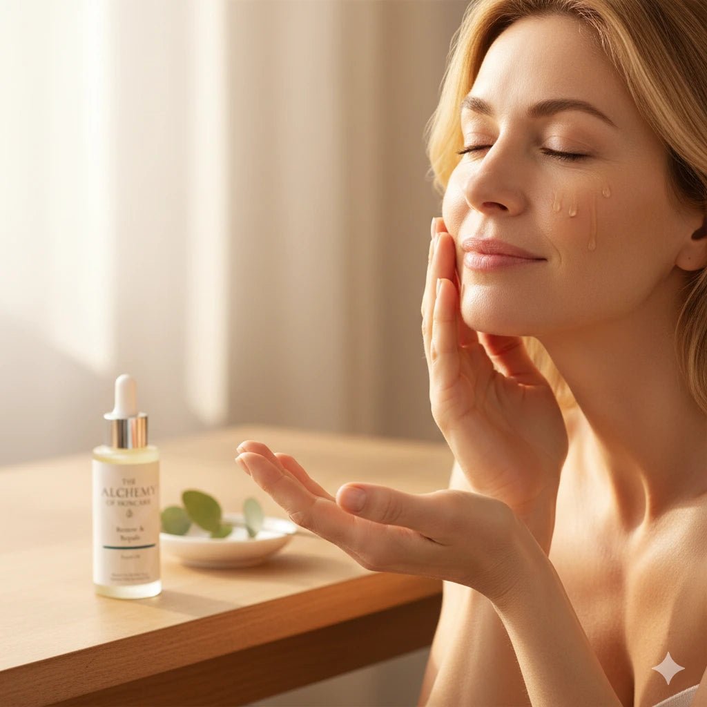 Woman applying skincare product with a dropper bottle on a wooden table.