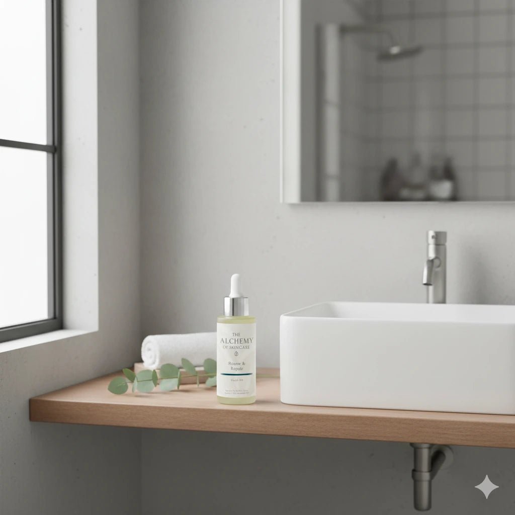 Bottle of skincare product on a bathroom shelf with sink and mirror in the background