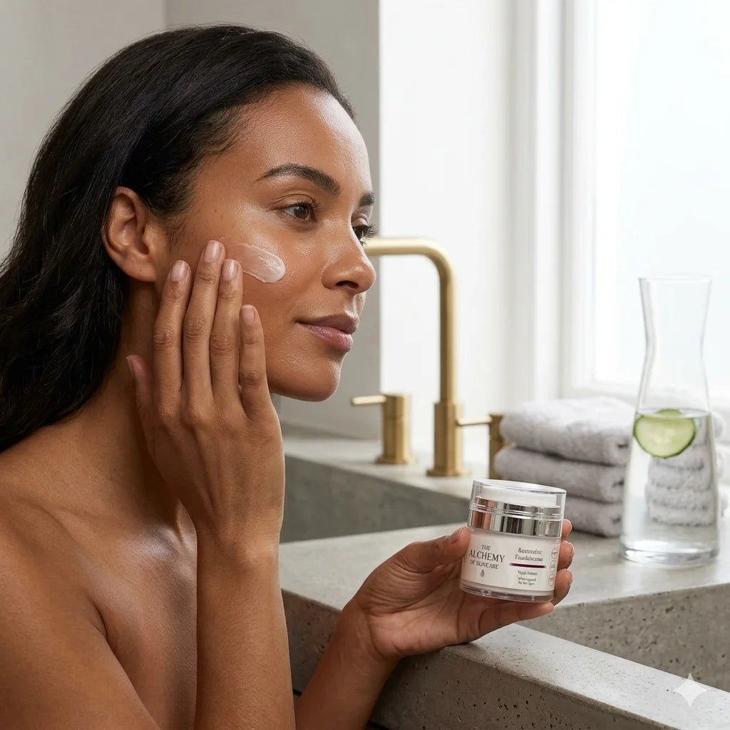 woman applying night cream as her sink 