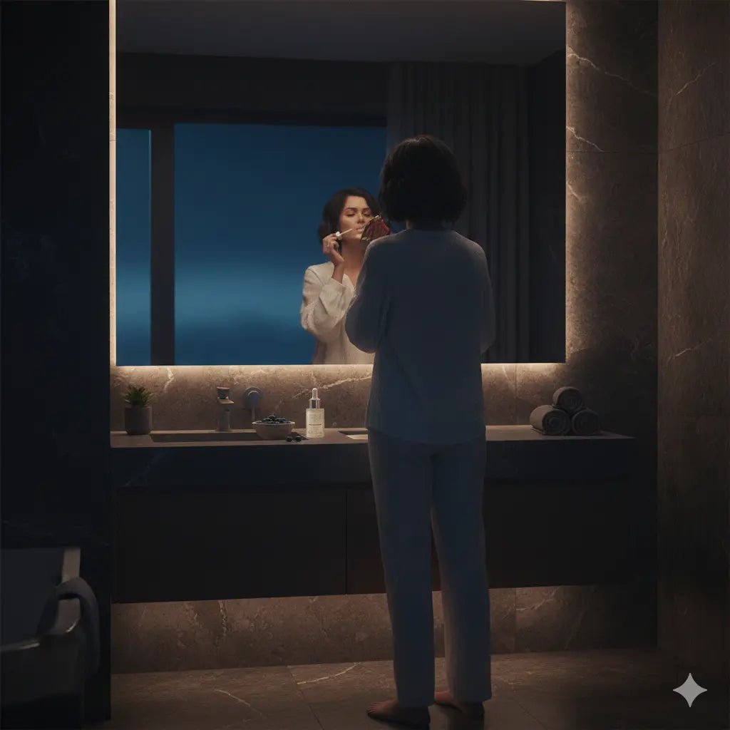 Person standing in a bathroom looking into a mirror with a night sky reflection.