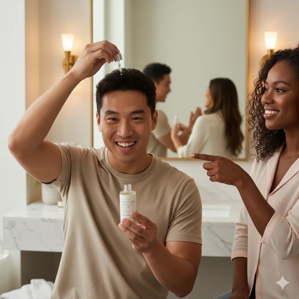 Man applying hair product with a woman pointing at it in a bathroom setting