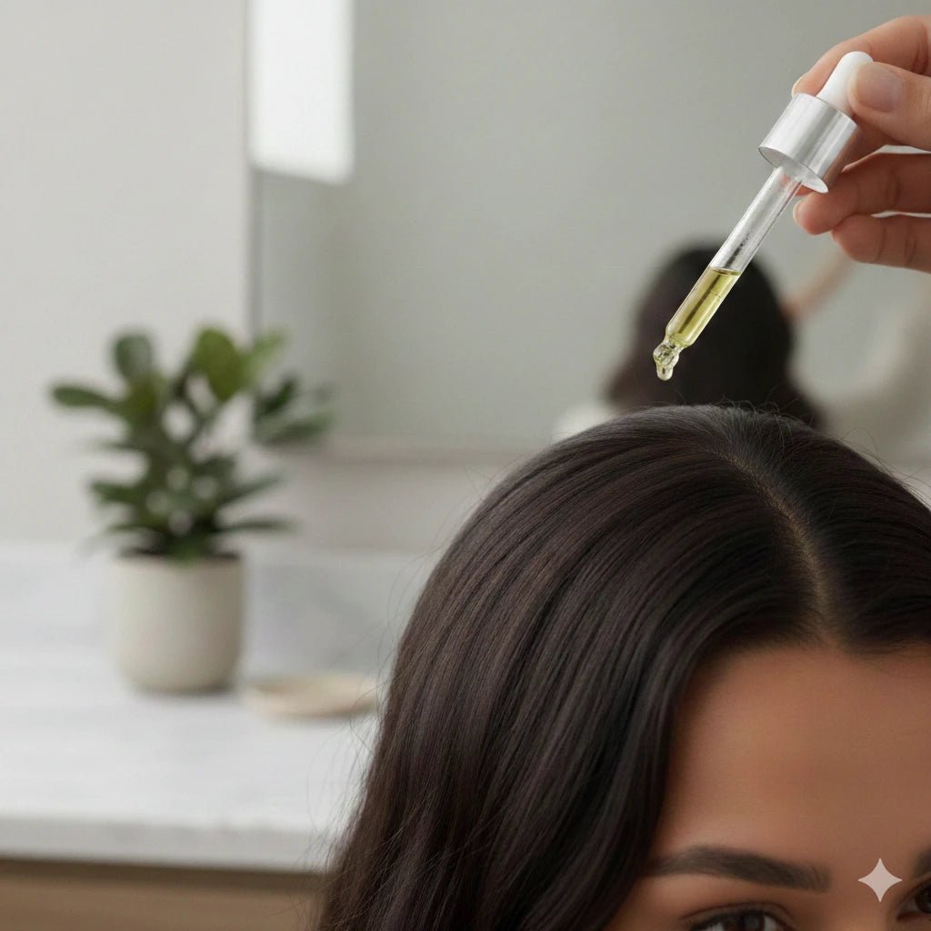Person applying a dropper of oil to their hair, with a blurred indoor background.