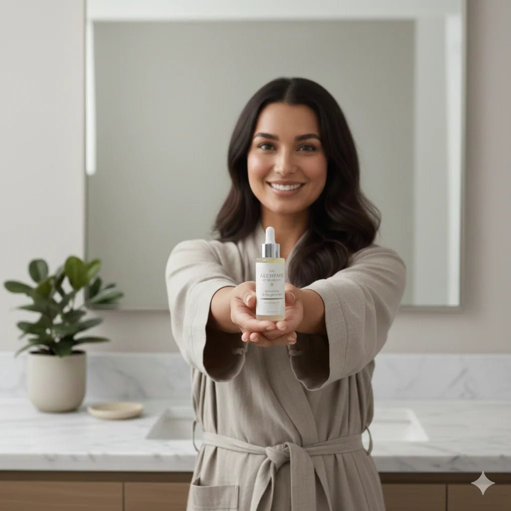 woman showing alchemy of skincare facial oil to the camera 