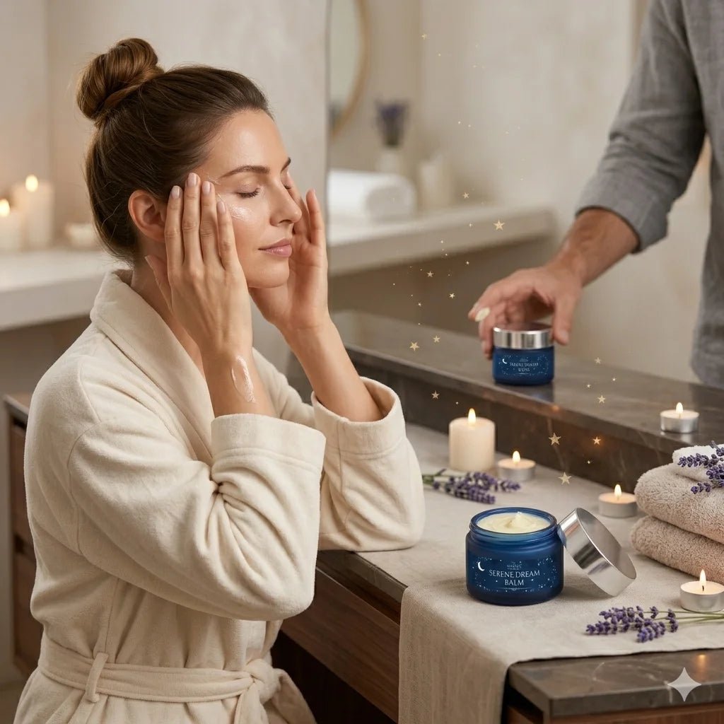 Woman applying cream to her face with a man holding a jar in a bathroom setting.