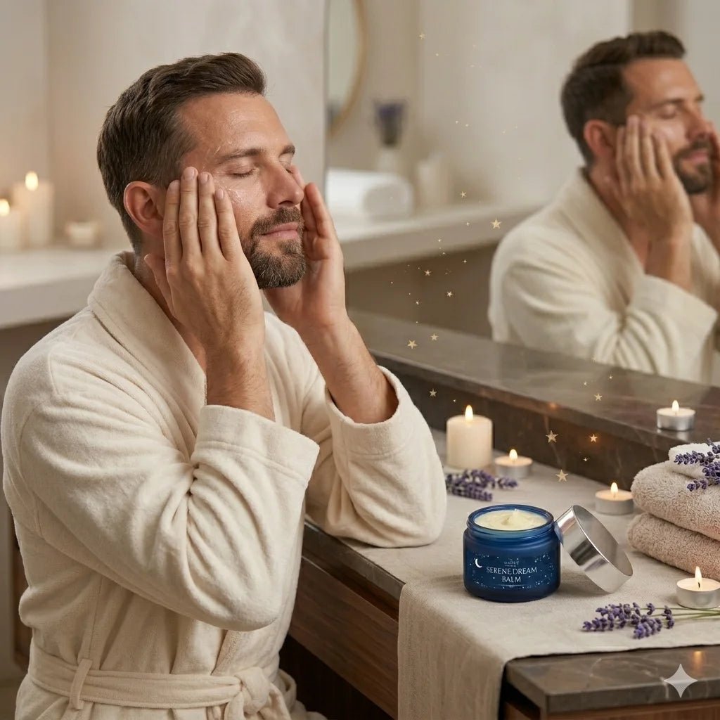 Man applying cream to his face in a bathroom with a candlelit setting