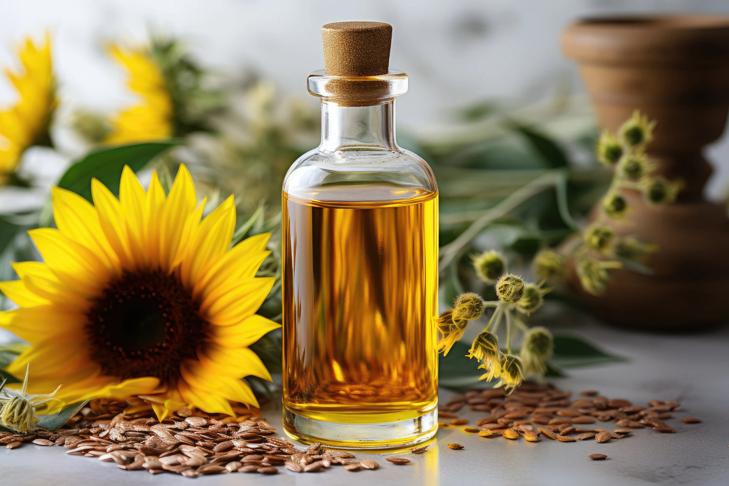 Glass bottle of sunflower seed oil with sunflowers on a wooden surface, sunlit background