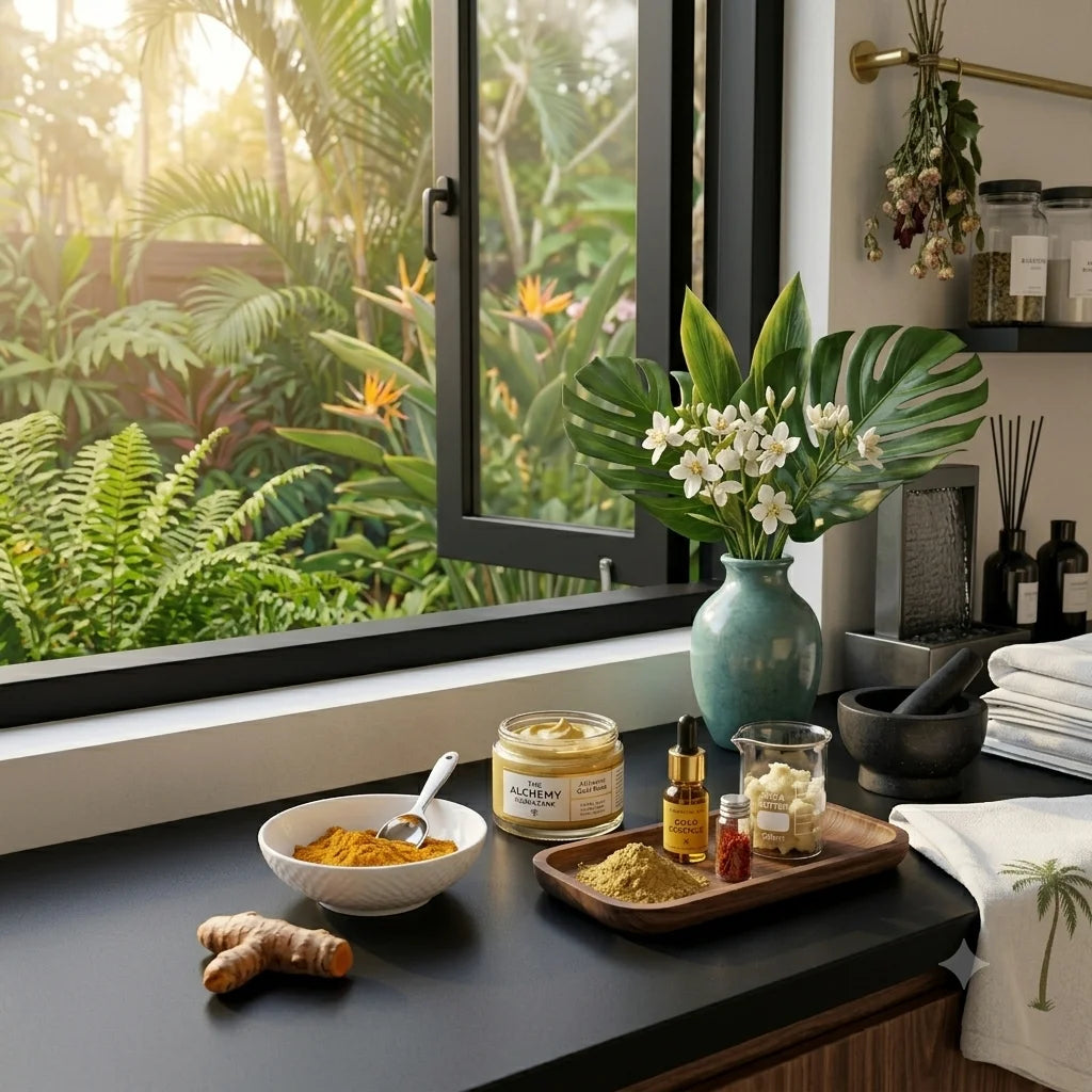 Table with skincare products and a vase of flowers by a window with a garden view