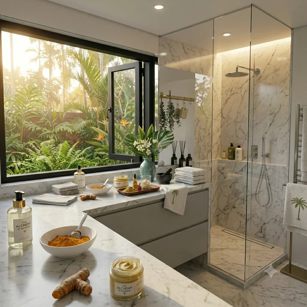 Modern bathroom with marble countertop, shower, and window view of greenery