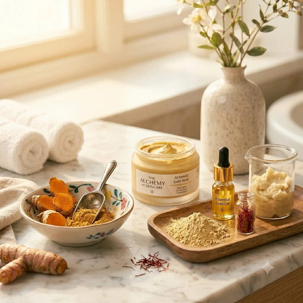 Skincare products including a jar of 'The Alchemy' gold mask, a bottle of gold oil, and a bowl with turmeric on a marble surface.
