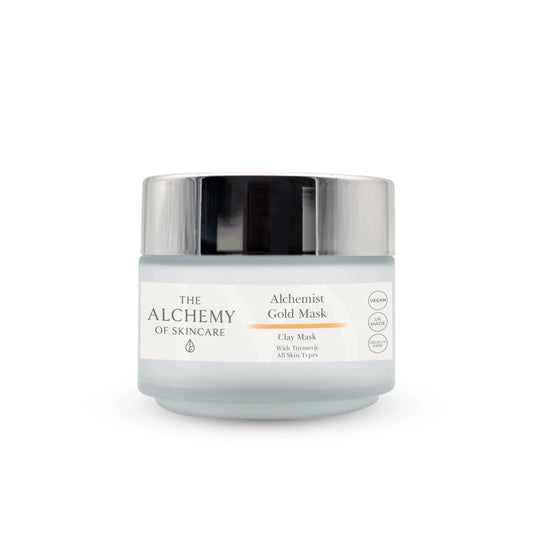 Jar of 'The Alchemy of Skincare' Gold Mask on a white background